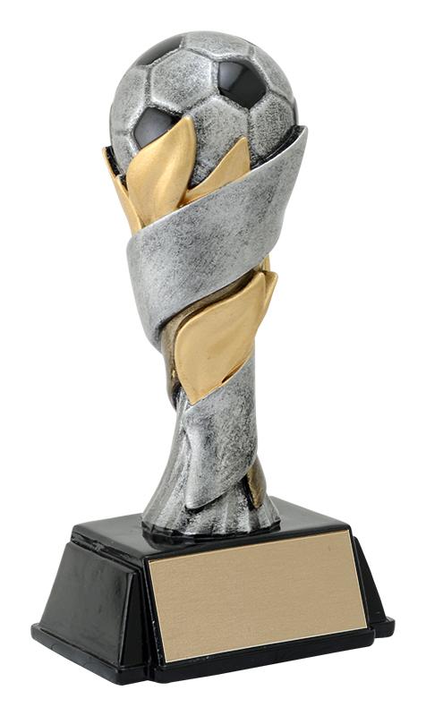 Official ShopTrophies photo of the pewter, gold and black World Class Soccer resin trophy